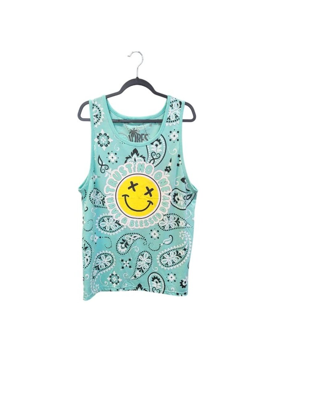 Trust No One Vibes Tank Top L Paisley Smiley Face Mint & Black 3707